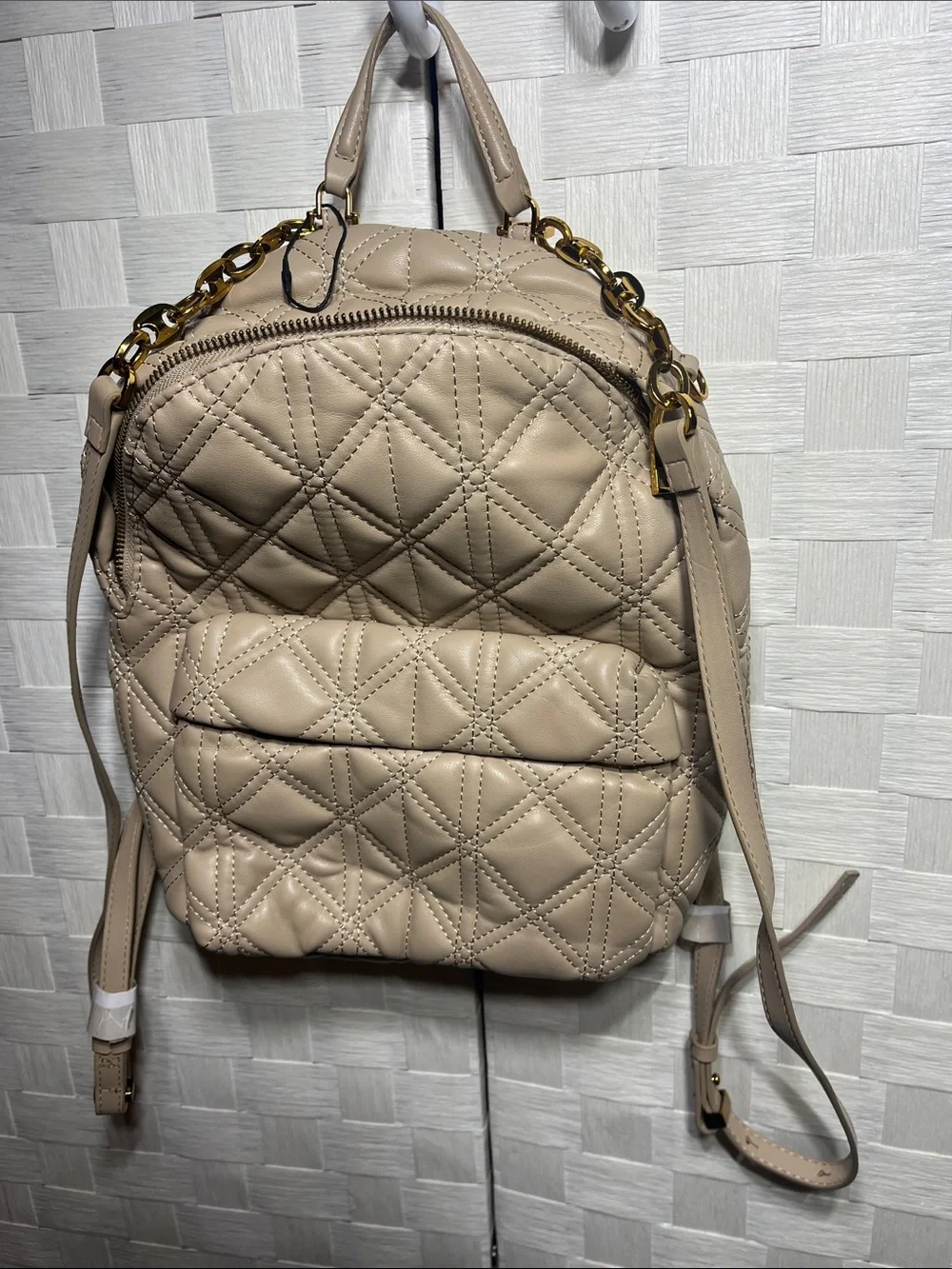 Zara Quilted Taupe Backpack with Gold Chain Accents Eye Catching